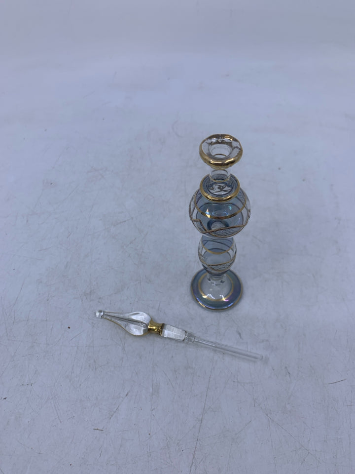 VERY DELICATE PERFUME BOTTLE BLUE W/ GOLD DETAILS.