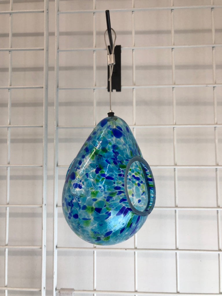 HANGING BLUE GLASS WATER DROP BIRD FEEDER.