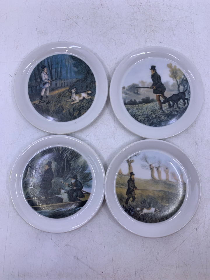 4 PORCELAIN ASSORTED METAL W/ HUNTING DOGS.