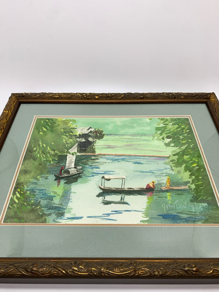 FISHERMEN WATERCOLOR IN GOLD WOOD FRAME.