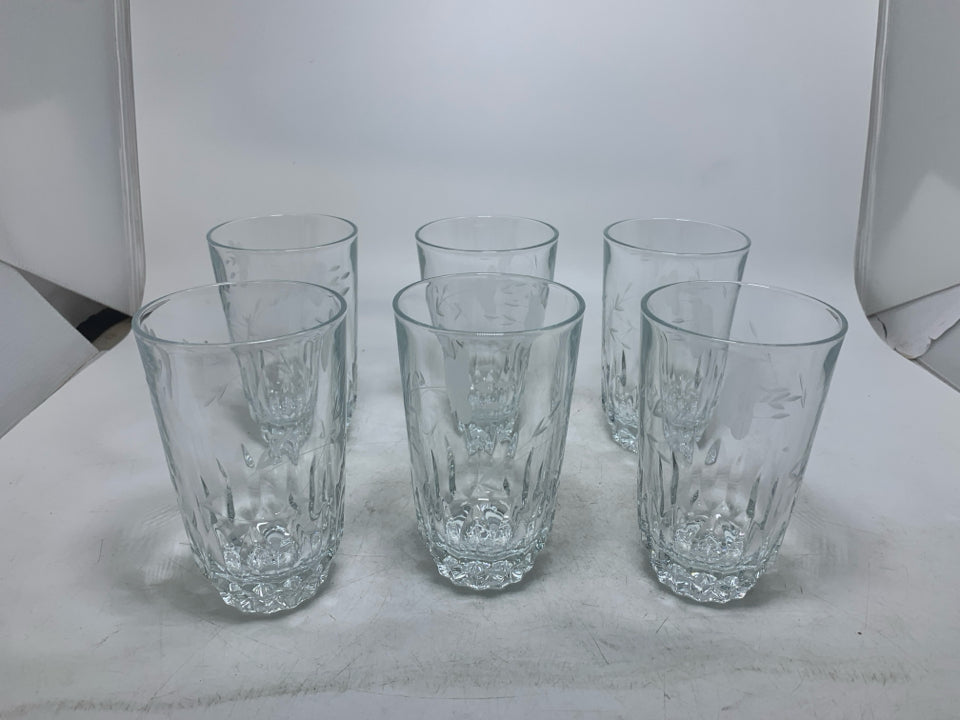 6 LEAD CRYSTAL HEAVY BOTTOM TUMBLERS W/ FLORAL ETCHING.