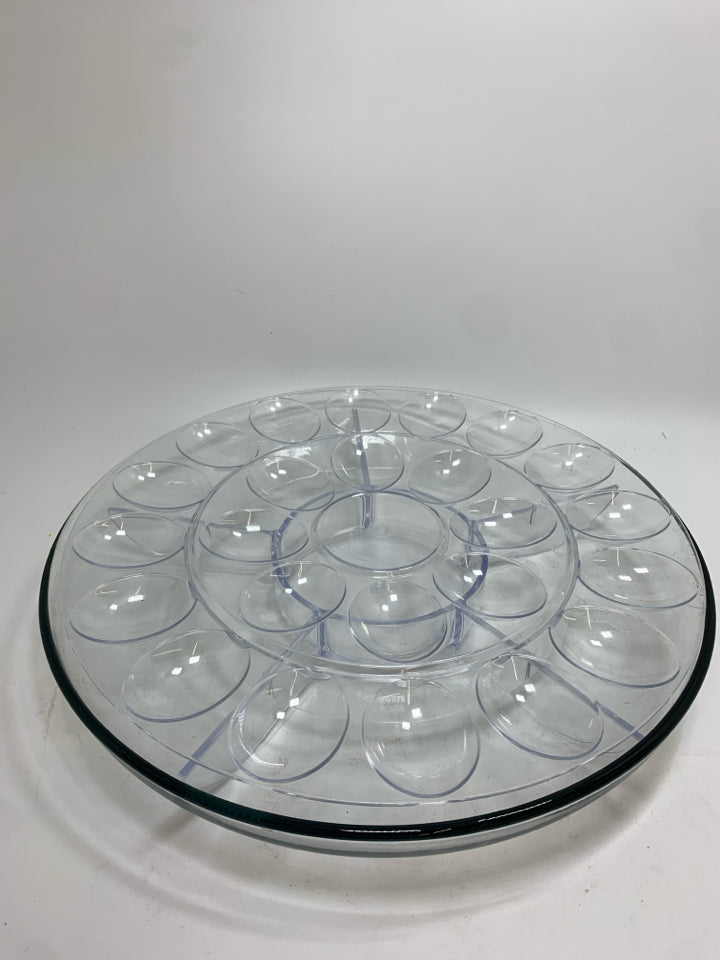 GLASS BOWL W/PLASTIC EGG AND DIP INSERTS.