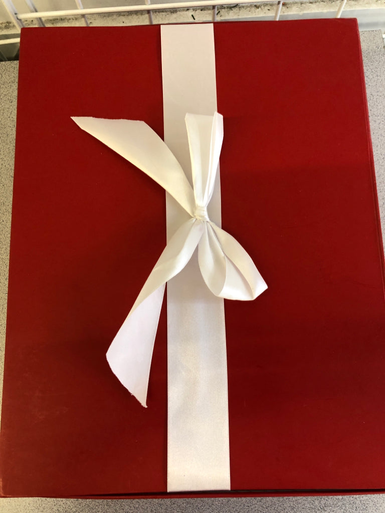 NIB RED BLANKET, IN GIFT BOX WITH WHITE RIBBON.