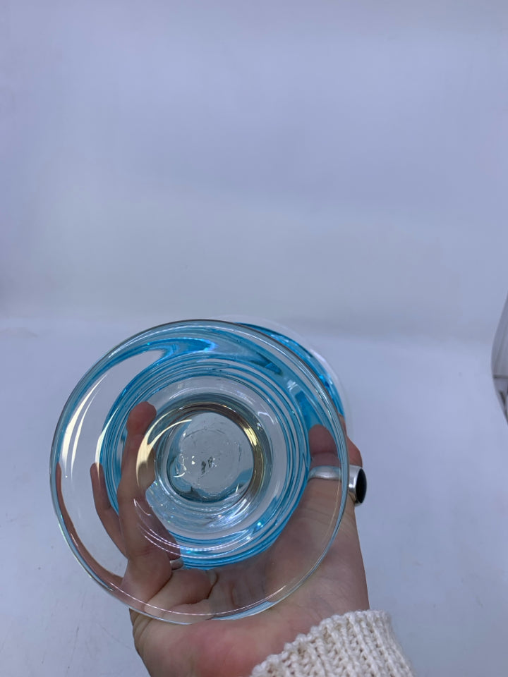 FOOTED GLASS CANDLE HOLDER W/ BLUE LINES.