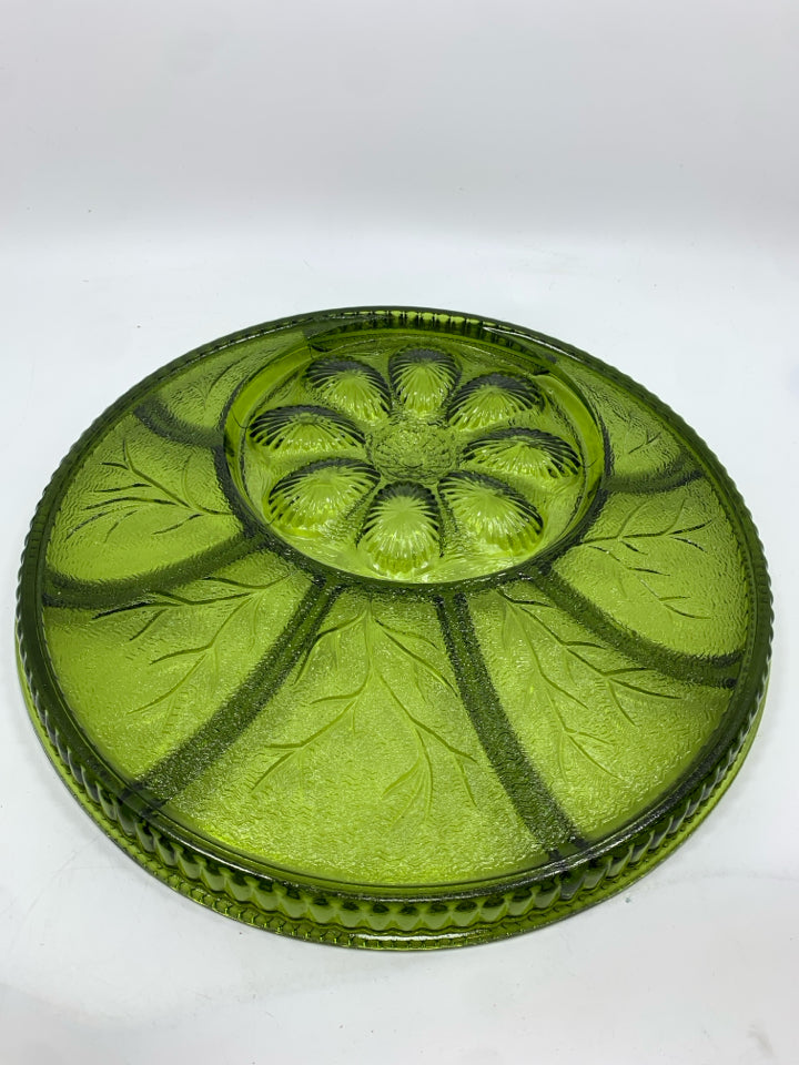 VTG GREEN GLASS EGG AND RELISH SERVING PLATE.