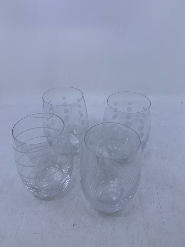 4 STEMLESS ASSORTED DETAILED WINE GLASSES.