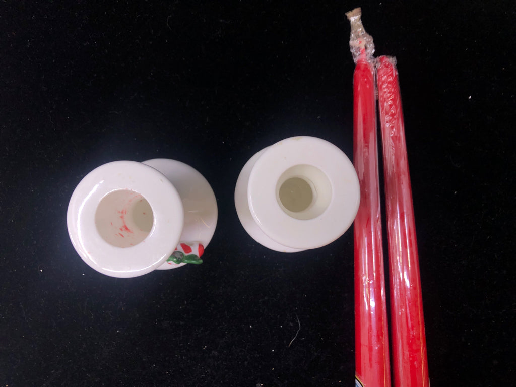 2 WHITE TAPER CANDLE HOLDERS-HOLLY & CANDY CANE WITH RED TAPER CANDLES.