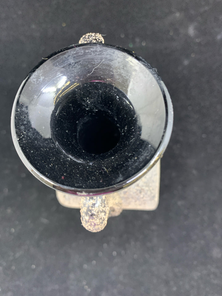 TALL SQUARE BLACK GRAY GLASS VASE WITH 2 HANDLES.