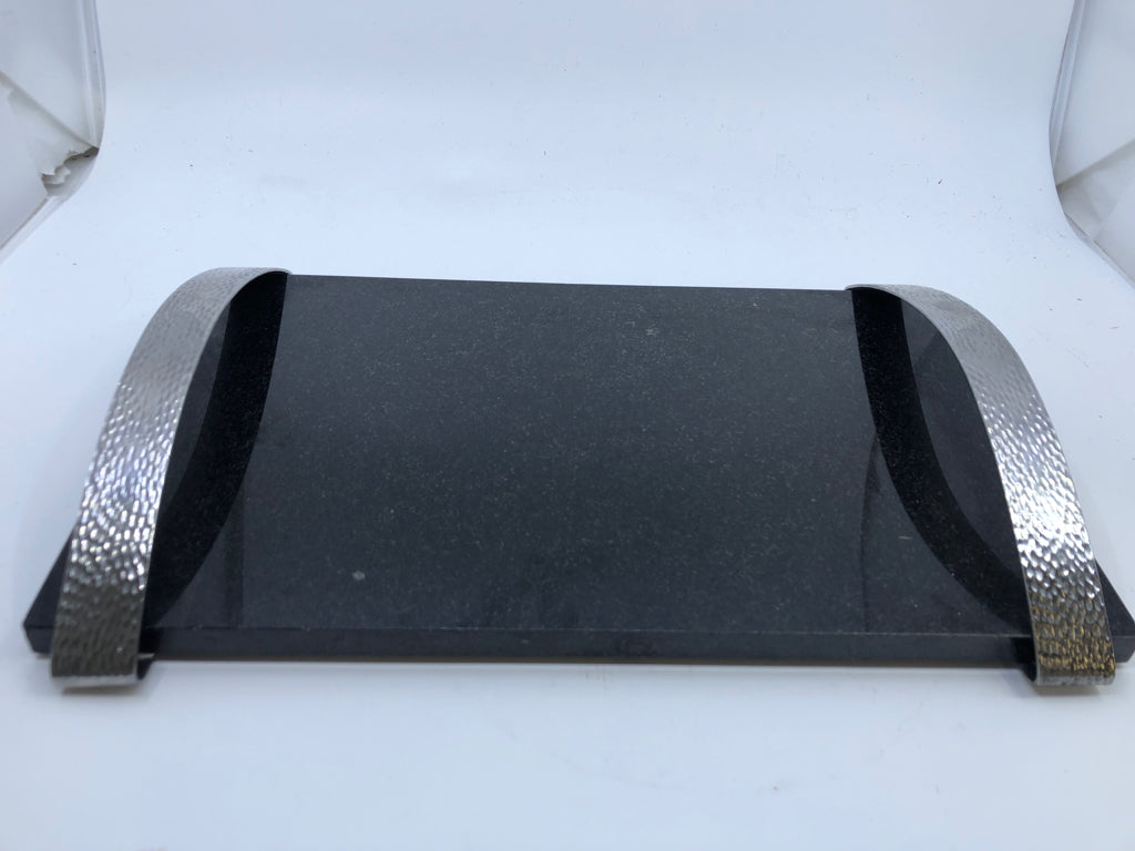 BLACK MARBLE TRAY W/SILVER HANDLES.