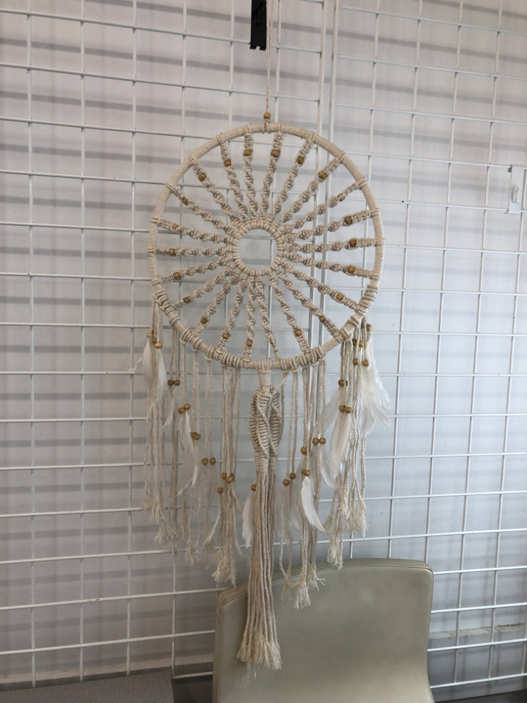WHITE DREAM CATCHER W/ FEATHERS & BEADS.