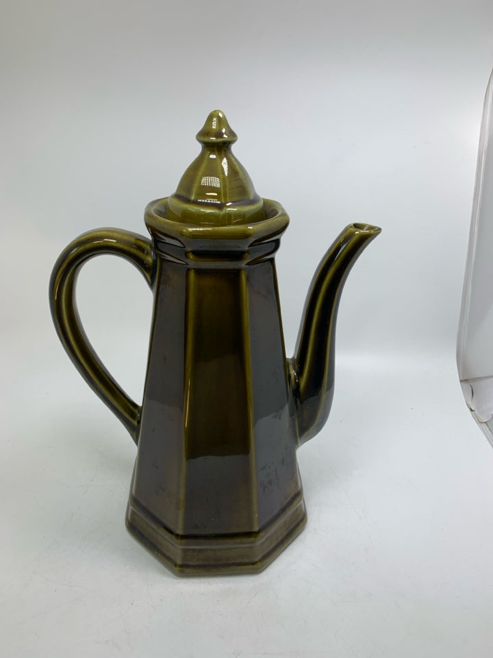 DARK GREEN CERAMIC TALL COFFEE POT.