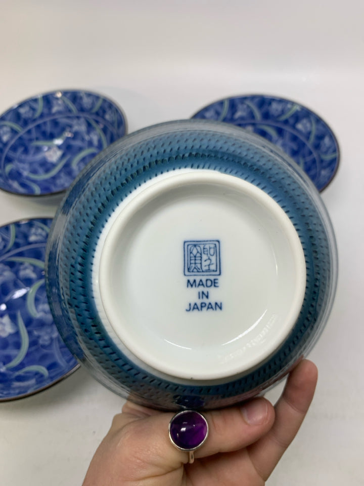 4 BLUE W/ FLOWERS TEXTURED EXTERIOR BOWLS.