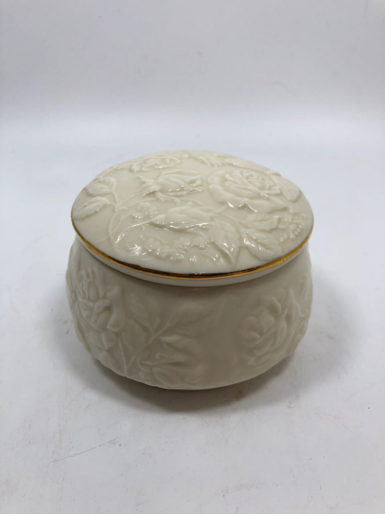 CIRCLE CERAMIC EMBOSSED ROSES MUSIC BOX.