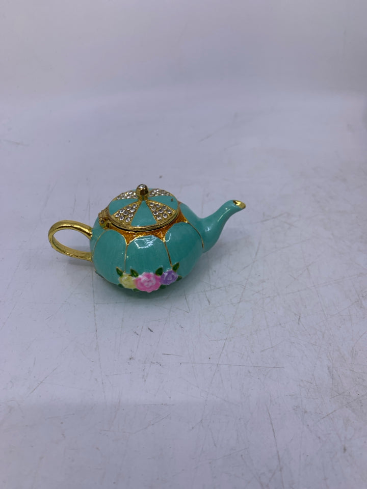 TEAL TEAPOT JEWELED TRINKET BOX.
