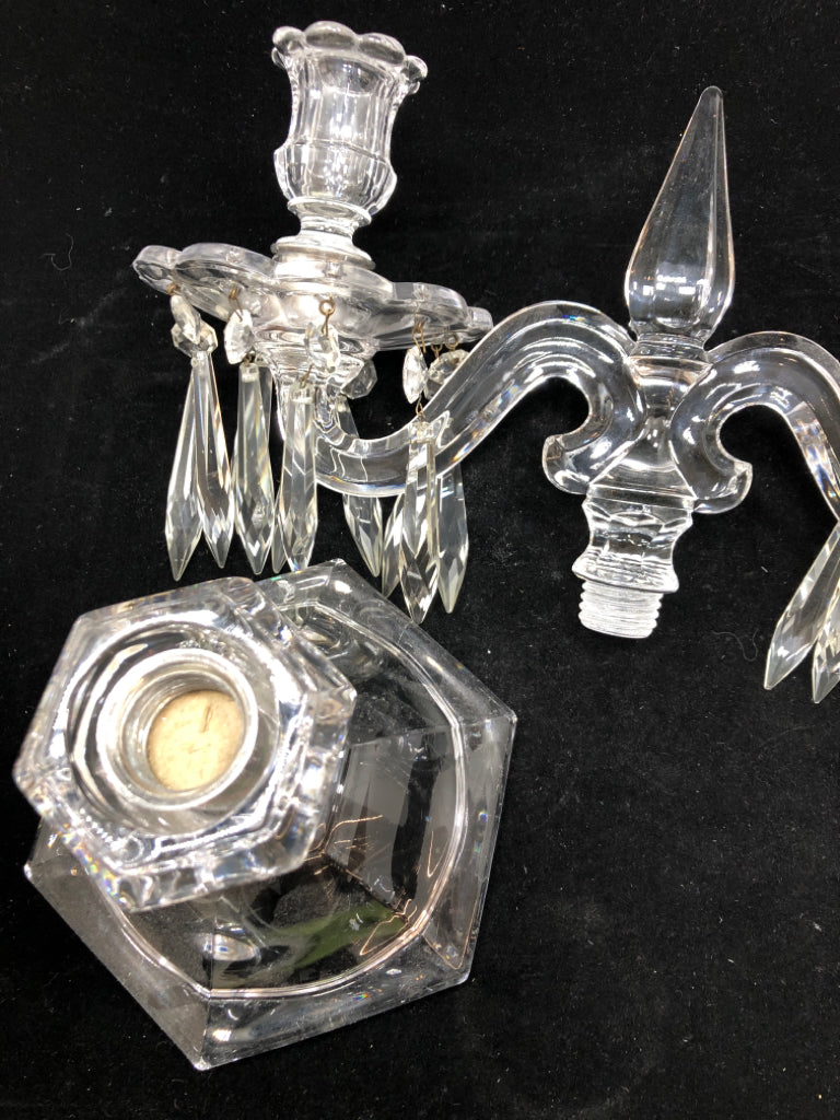 DOUBLE GLASS CANDELABRA W/DANGLING GEMS & GREEN CANDLES.