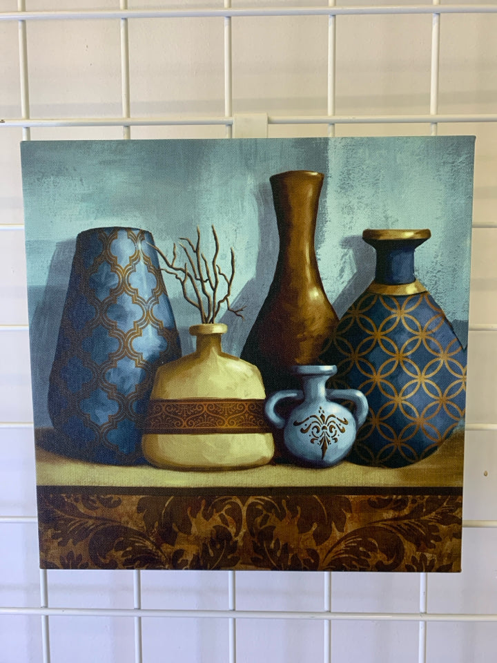 BROWN AND BLUE CANVAS WITH VASES.