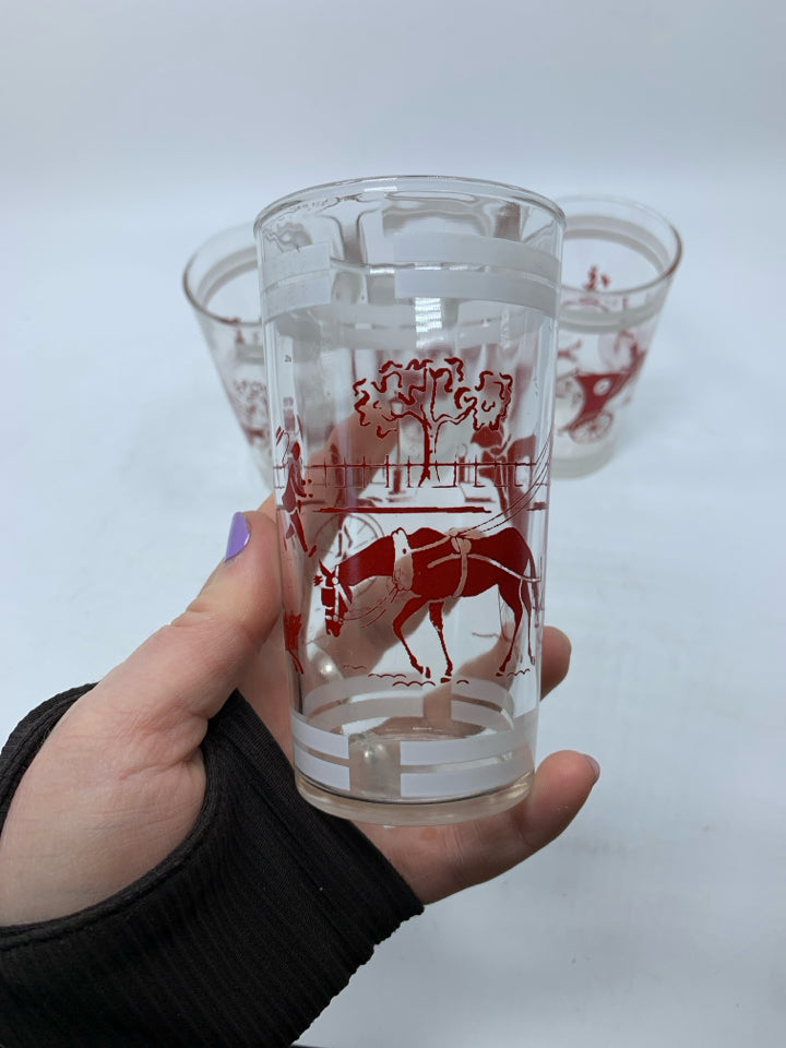 VTG 4 JUICE GLASS W/ PRINTED RED PARK SCENE WHITE DETAILS.