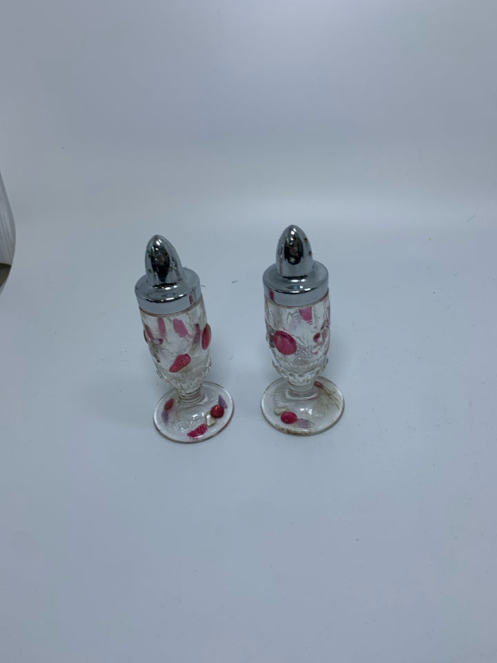 VTG FOOTED GLASS EMBOSSED DETAIL METAL TOPS.