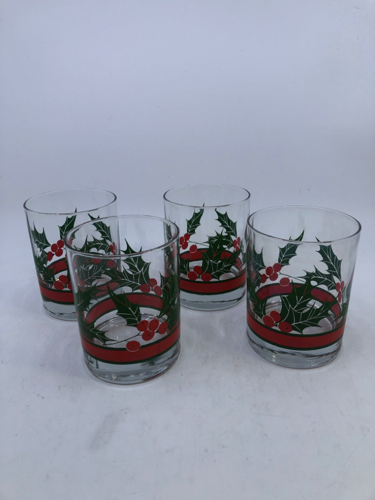 4 HOLLY SHORT WATER GLASSES.