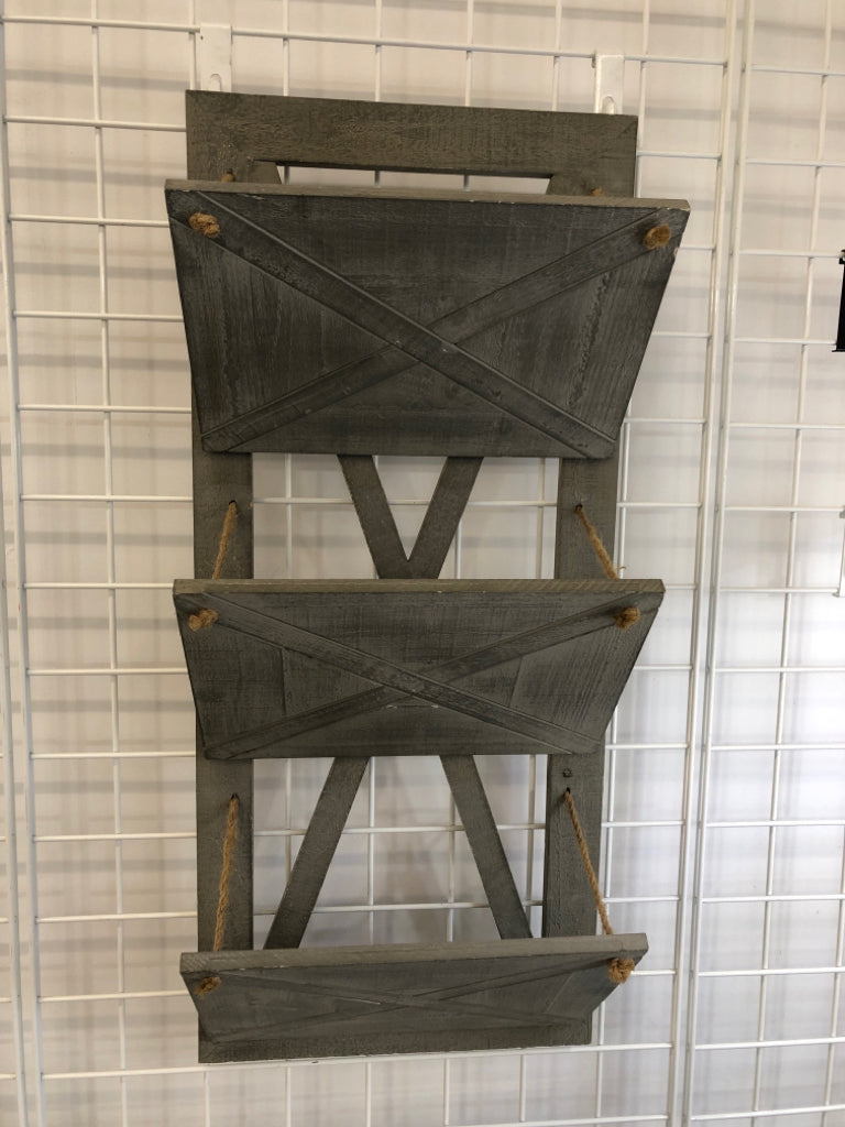 DISTRESSED WOOD FILE HOLDER 3-POCKET WALL HANGING.
