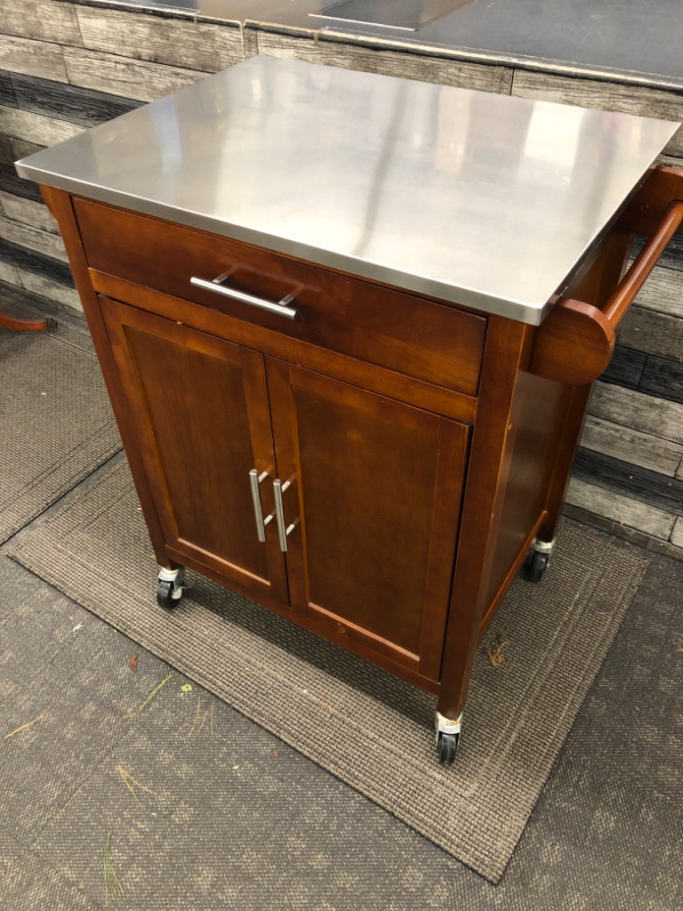 WOOD CART W/STAINLESS STEEL TOP, DRAWER AND CABINET ON WHEELS.