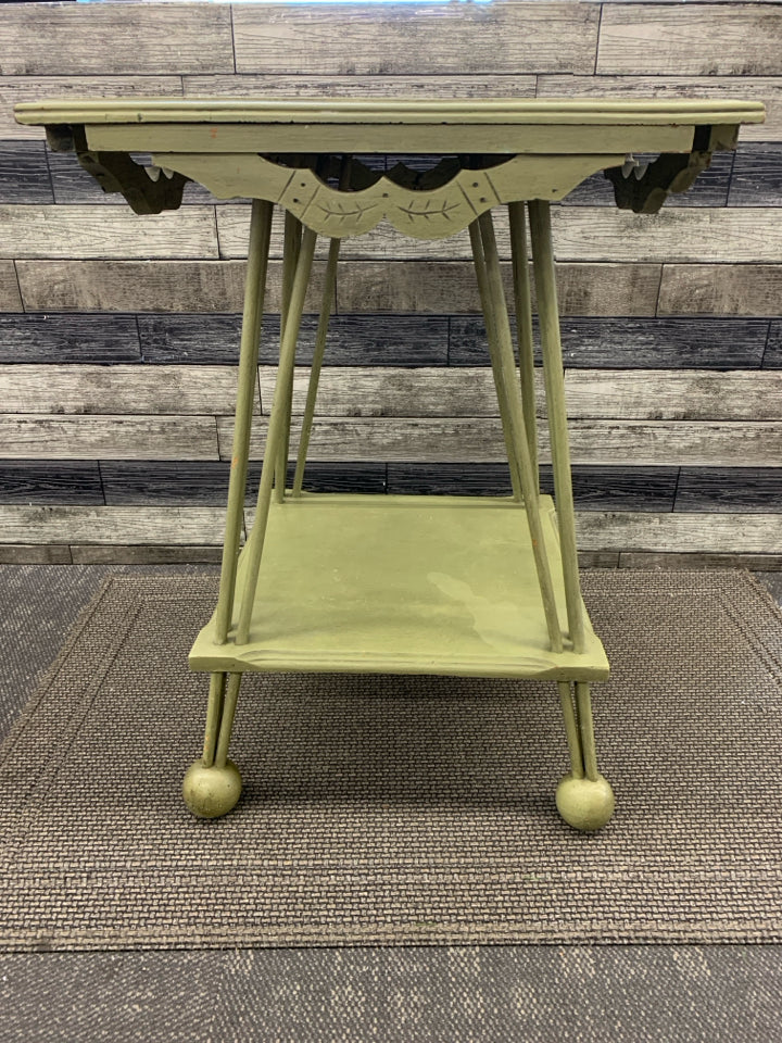 2 TIER VTG GREEN PAINTED WOOD TABLE ABSTRACT DESIGN.