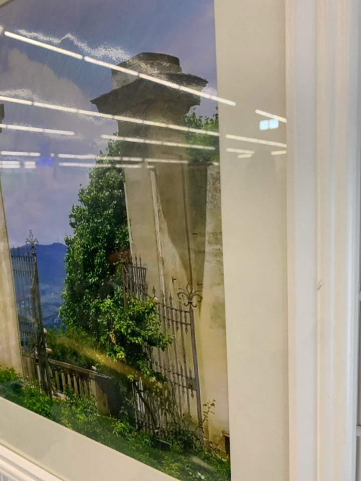 IRON GATE W/TREES PRINT W/WHITE FRAME.