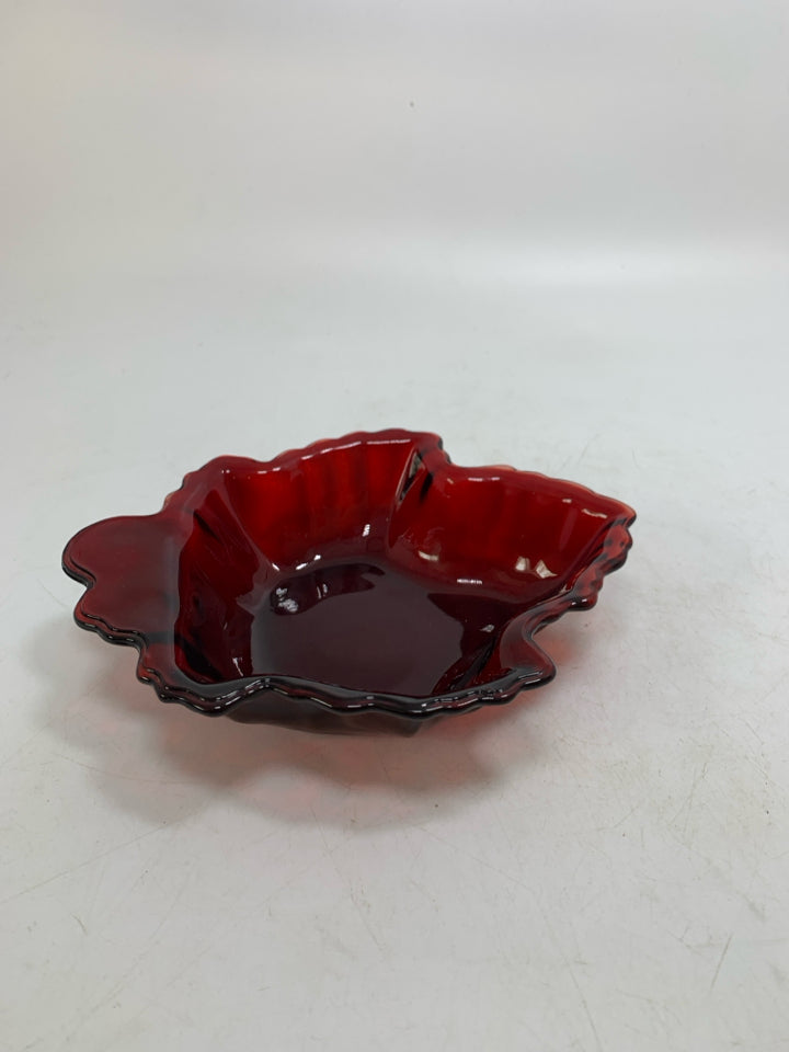 VTG RUBY RED GLASS MAPLE LEAF CATCH ALL BOWL.
