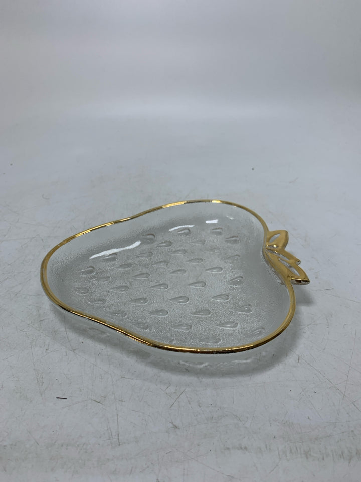 SHALLOW STRAWBERRY SHAPED BOWL GOLD RIM.
