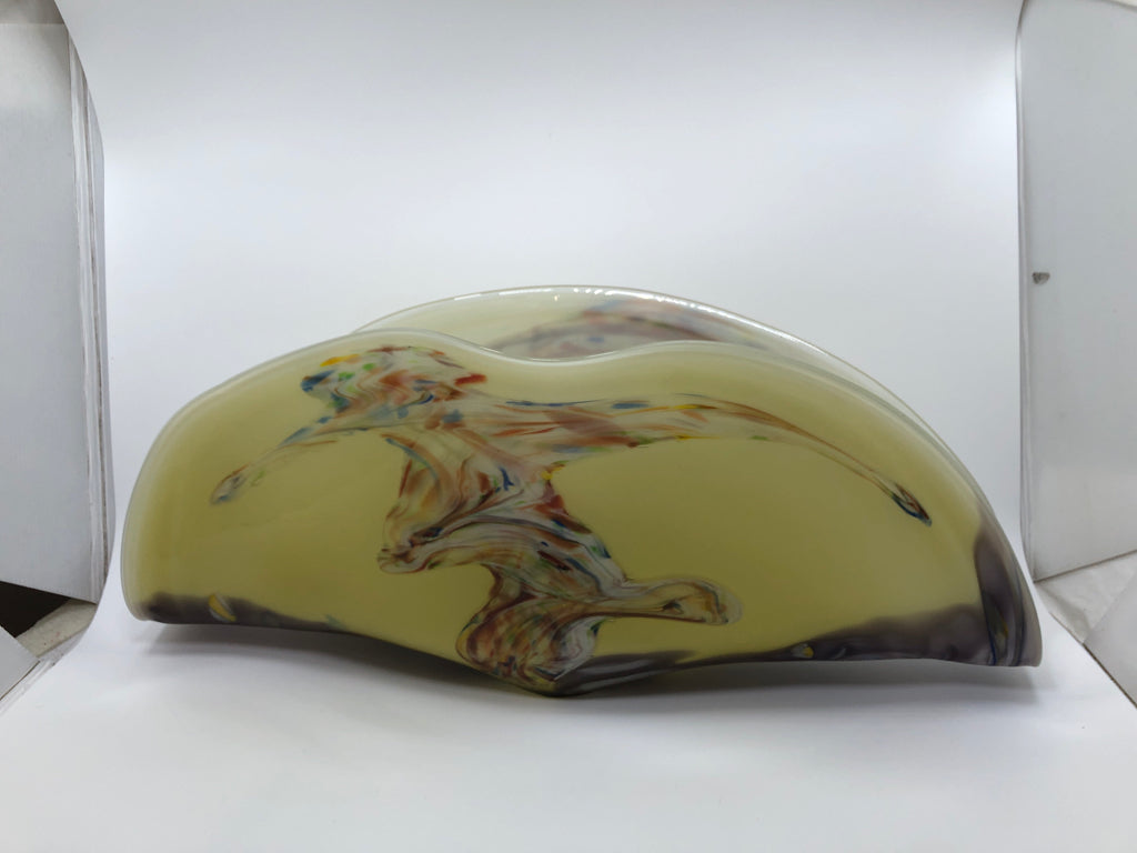 PURPLE/YELLOW SWIRL BLOWN GLASS CENTERPIECE.