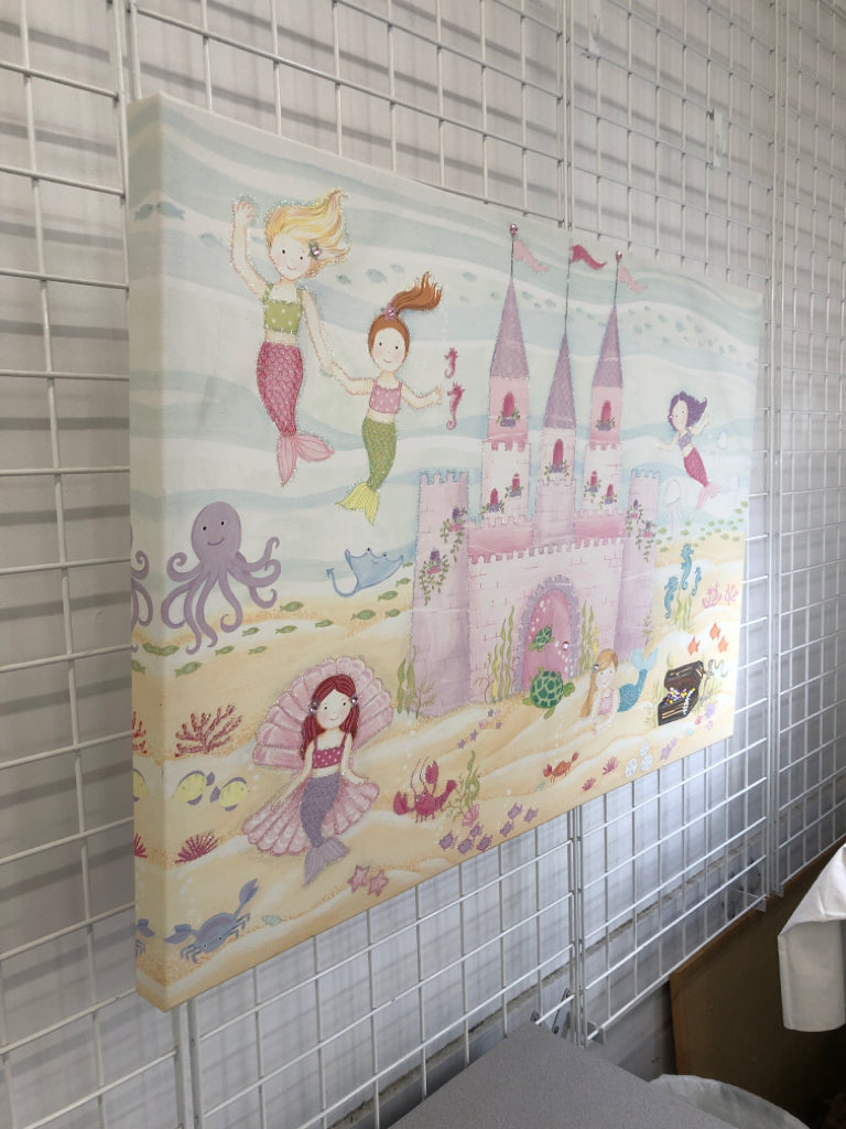 MERMAIDS WITH PINK SAND CASTLE CANVAS WALL ART.