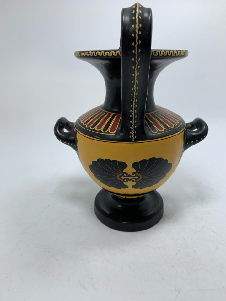 FOOTED GREEK STYLE REPRODUCTION VASE TRIPLE HANDLE.