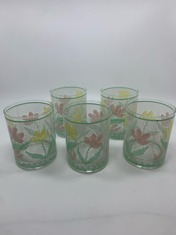 5 VTG YELLOW/PINK FLOWER GLASSES.