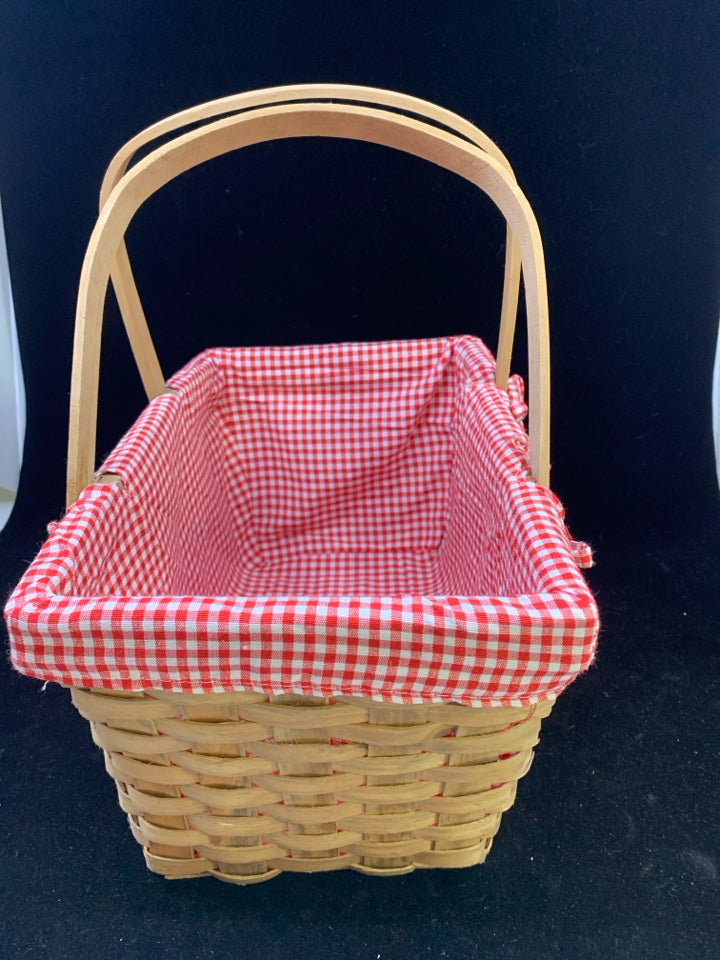WOVEN BASKET W/RED CHECKER LINER 2 HANDLES.