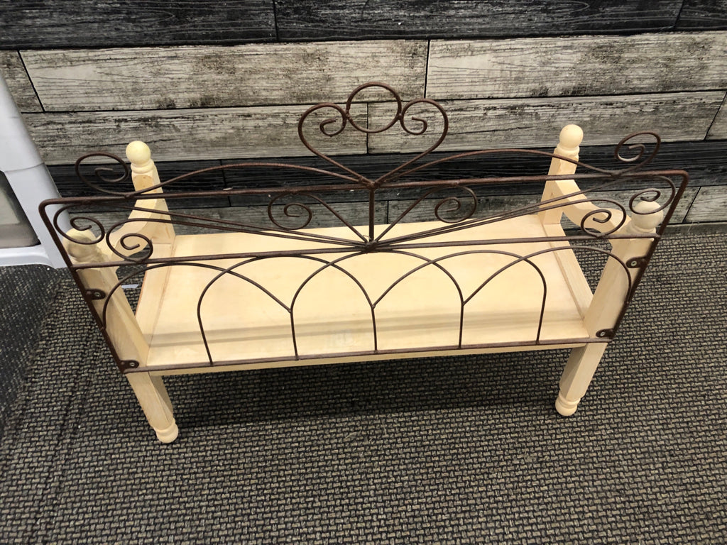 WOODEN DOLL SIZED DAY BED W/IRON BACK.