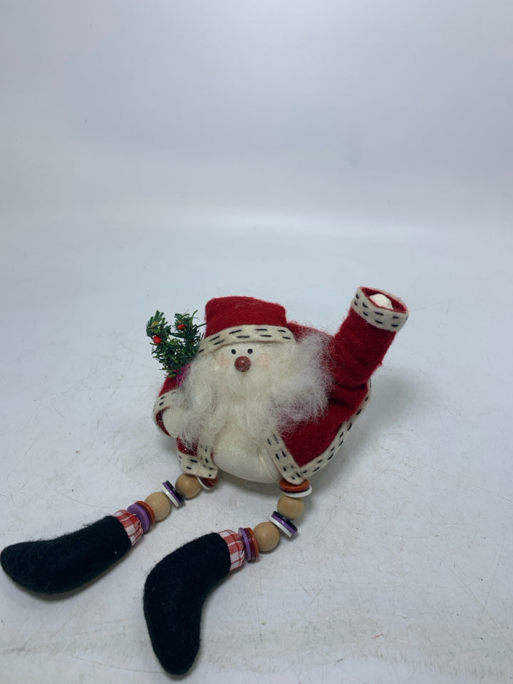 SMALL ROUND PLUSH SANTA W/ BUTTON/BEADS LEGS.