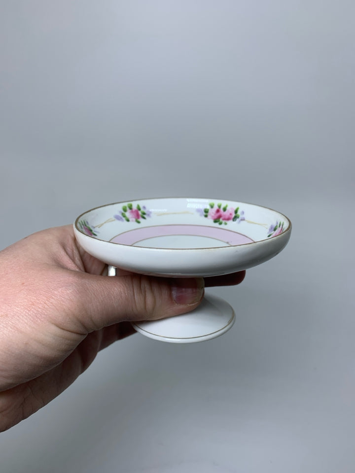 FOOTED MINI CAKE STAND RING CATCH PINK BAND/FLOWERS.