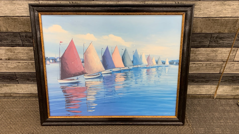 COLORFUL SAILBOATS PAINTING IN BLACK WOOD FRAME.