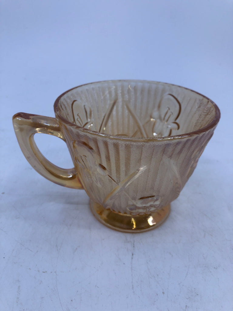 VTG CARNIVAL GLASS TEA CUP/SAUCER EMBOSSED FLOWERS.
