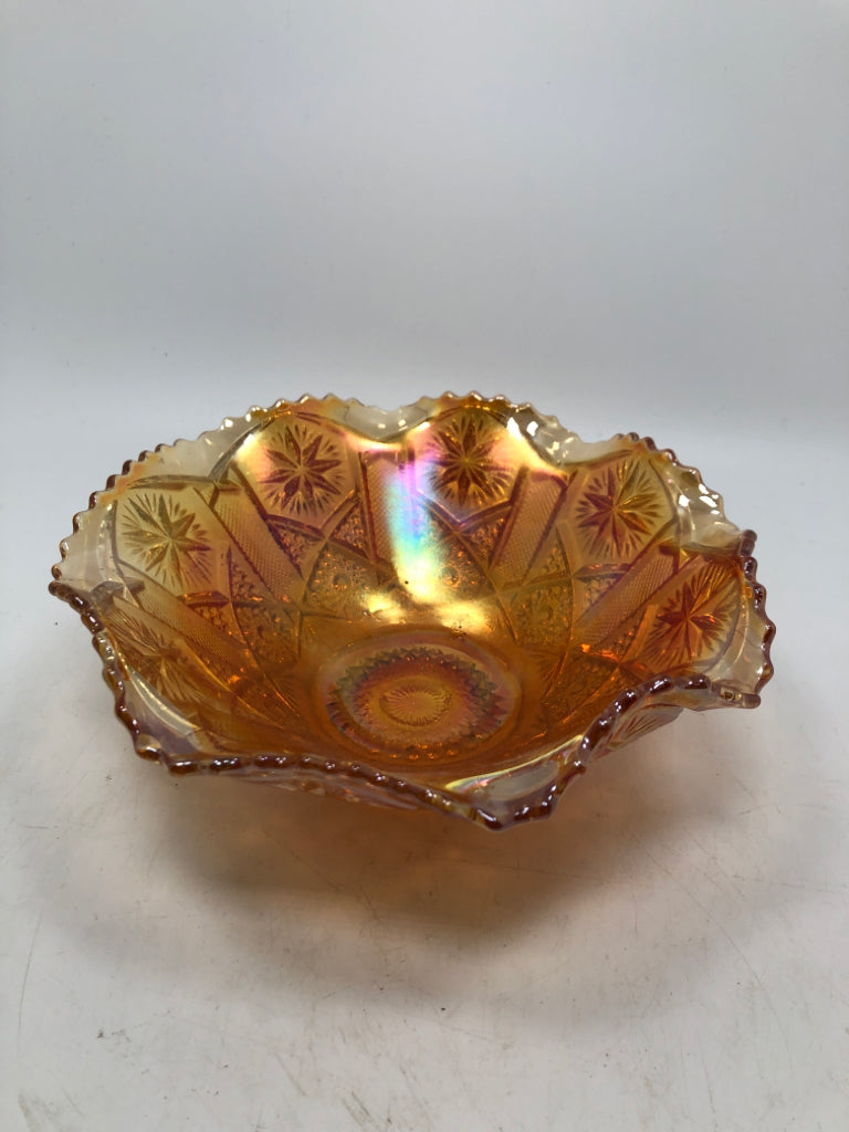 VTG CARNIVAL GLASS RUFFLED EDGE CANDY BOWL.
