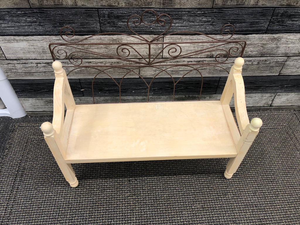WOODEN DOLL SIZED DAY BED W/IRON BACK.