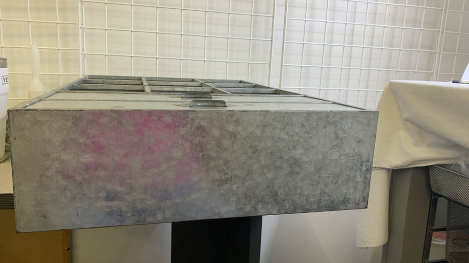 GALVANIZED METAL 9 CUBBY 2 DRAWER SHELF.