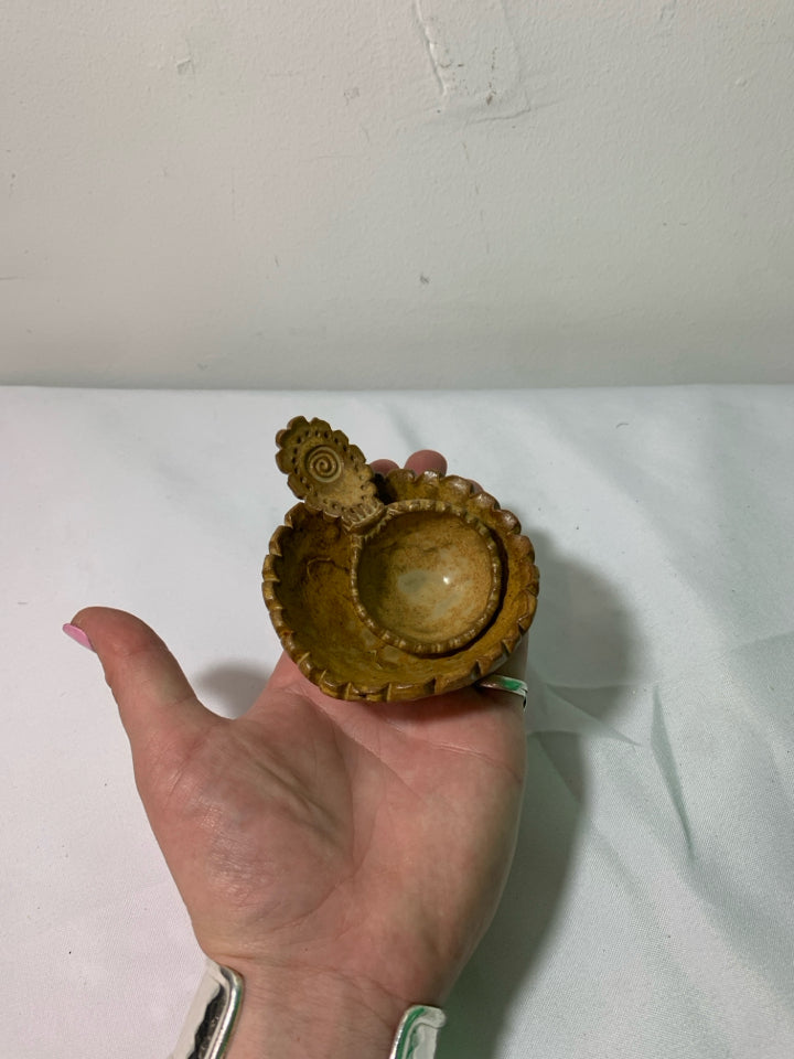 SMALL TAN POTTERY BOWL W SPOON.