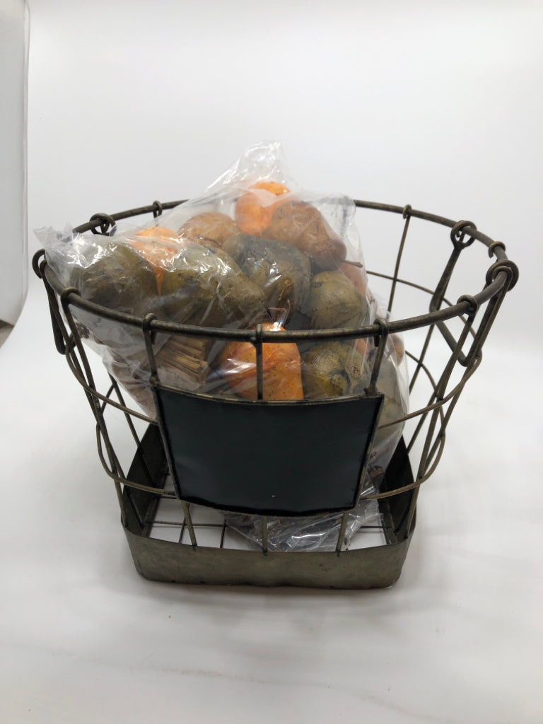 RUSTIC METAL BIN W/FAUX FRUIT IN BAG.