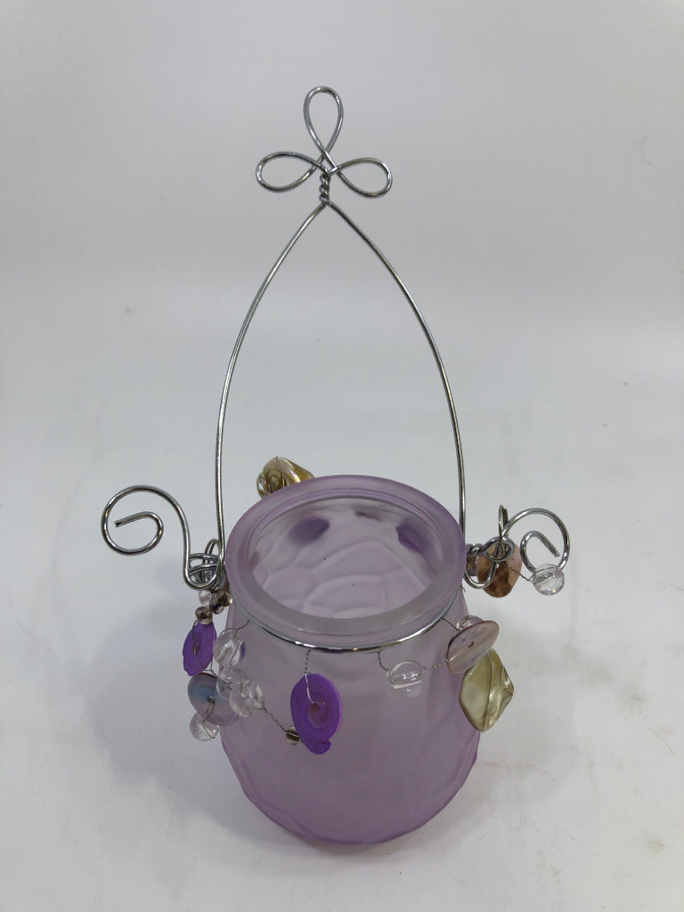 PURPLE FROSTED GLASS HANGING TEA LIGHT HOLDER W/BEADS.