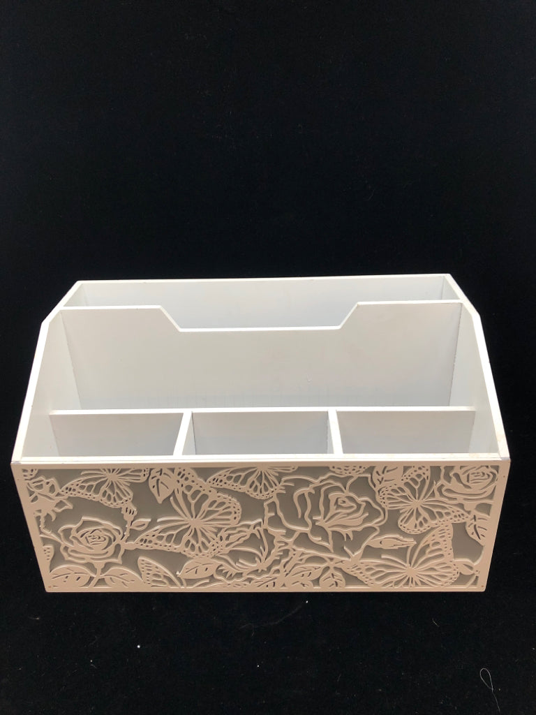 WHITE DESK ORGANIZER W/ GRAY CARVED BUTTERFLIES.