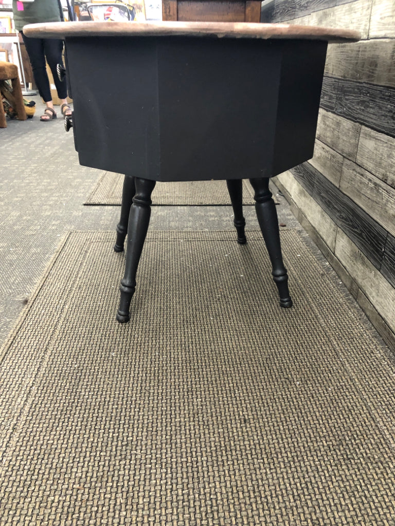 ROUND WHITE WASHED SIDE TABLE W/BLACK BOTTOM, TWO DRAWERS.
