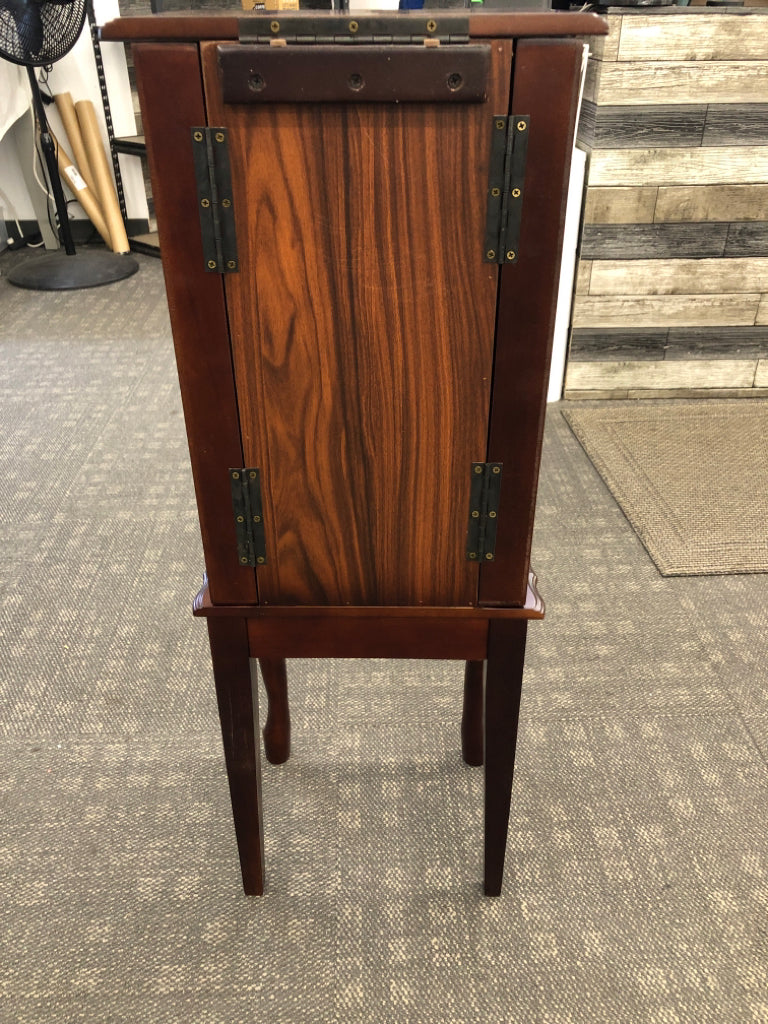 CHERRY WOOD JEWELRY ARMOIRE W/FLIP TOP 4 DRAWERS.