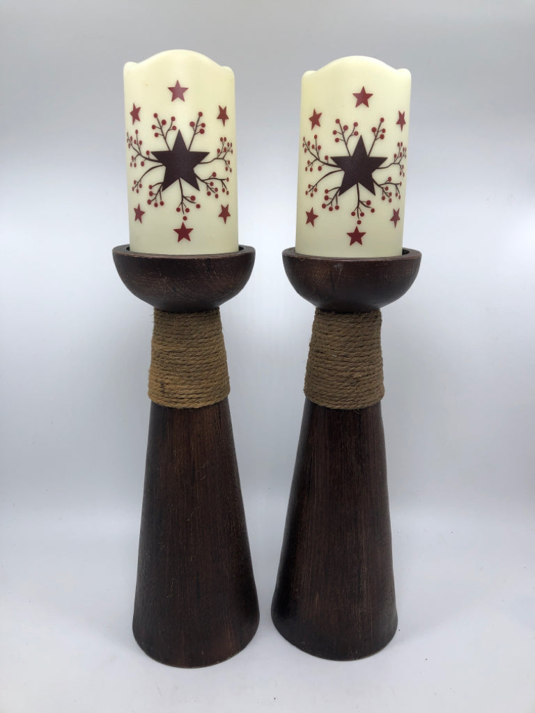 2 WOODEN CANDLE STANDS W/FAUX CANDLES.