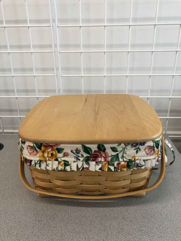 FLORAL LINED LONGABERGER BASKET W/STAND & COVER.